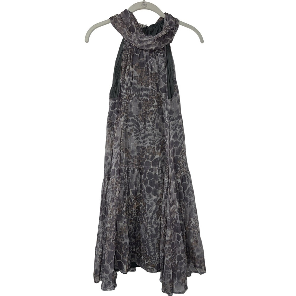 KOOKAI 100% Silk Gray Animal Print Floaty Tiered Dress Size Uk 40 Sleeveless